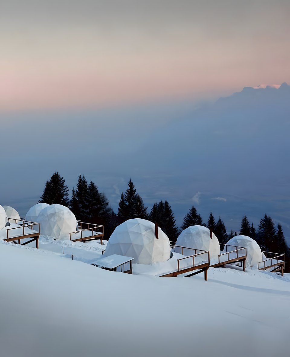 Cupole glamping su pedane in legno nella neve al tramonto