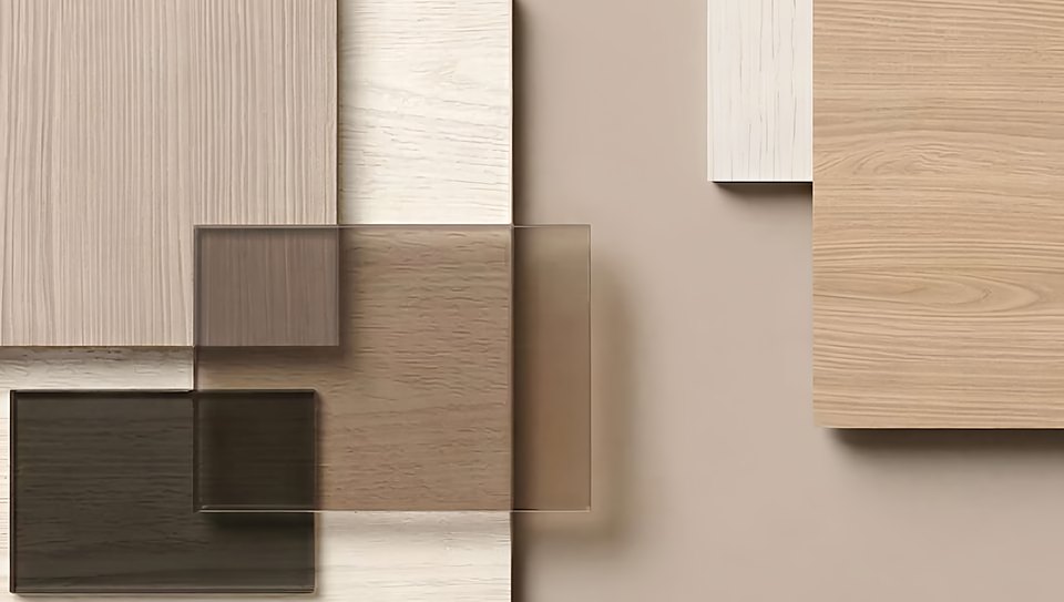 Campioni di essenze e finiture in legno e vetro
