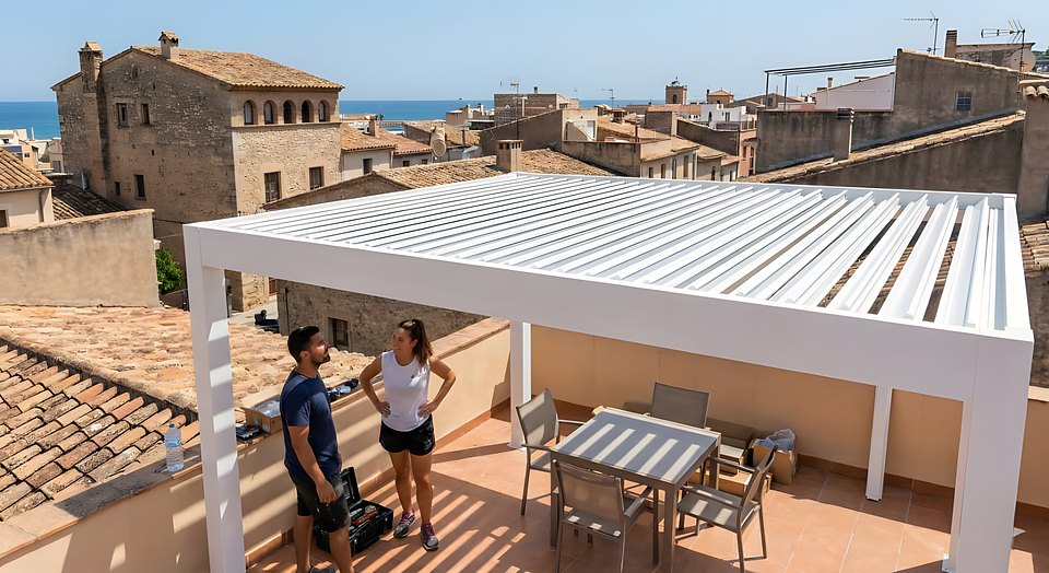 Tecnici al lavoro sul montaggio di una pergola bioclimatica su un rooftop